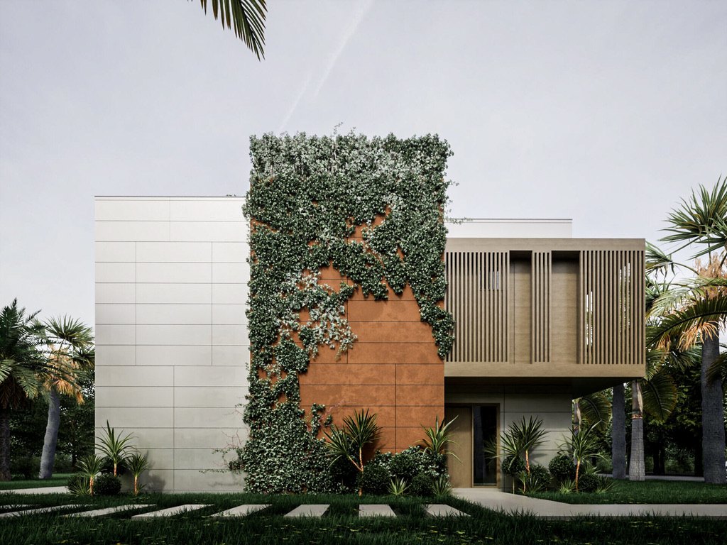 Design concept render of a two-storey home with a planted wall and timber screens