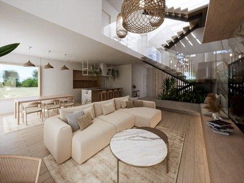 Design concept render of a double-height living and kitchen space