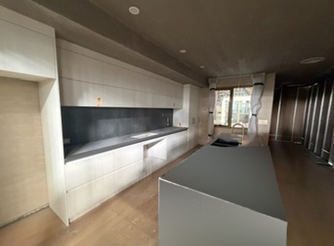 Kitchen with stone island bench fitted inside a module