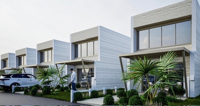 Render of a row of two-storey modular homes at the Jurien Bay development