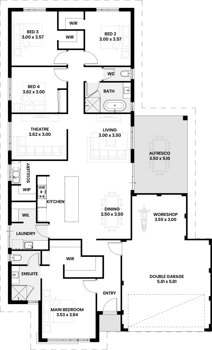Floor plan of The Adair: four bedrooms, two bathrooms, theatre, scullery, workshop and double garage
