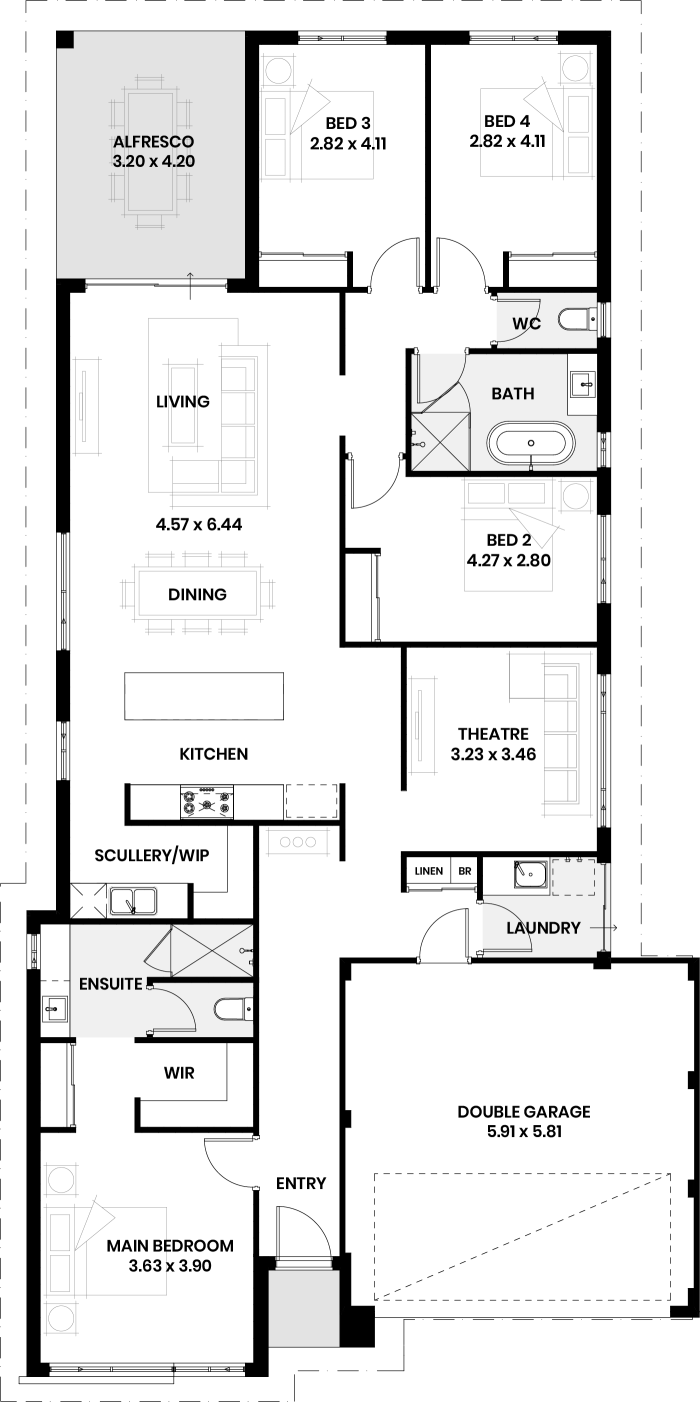 Floor plan of The Alpine: four bedrooms, two bathrooms, theatre, scullery and double garage
