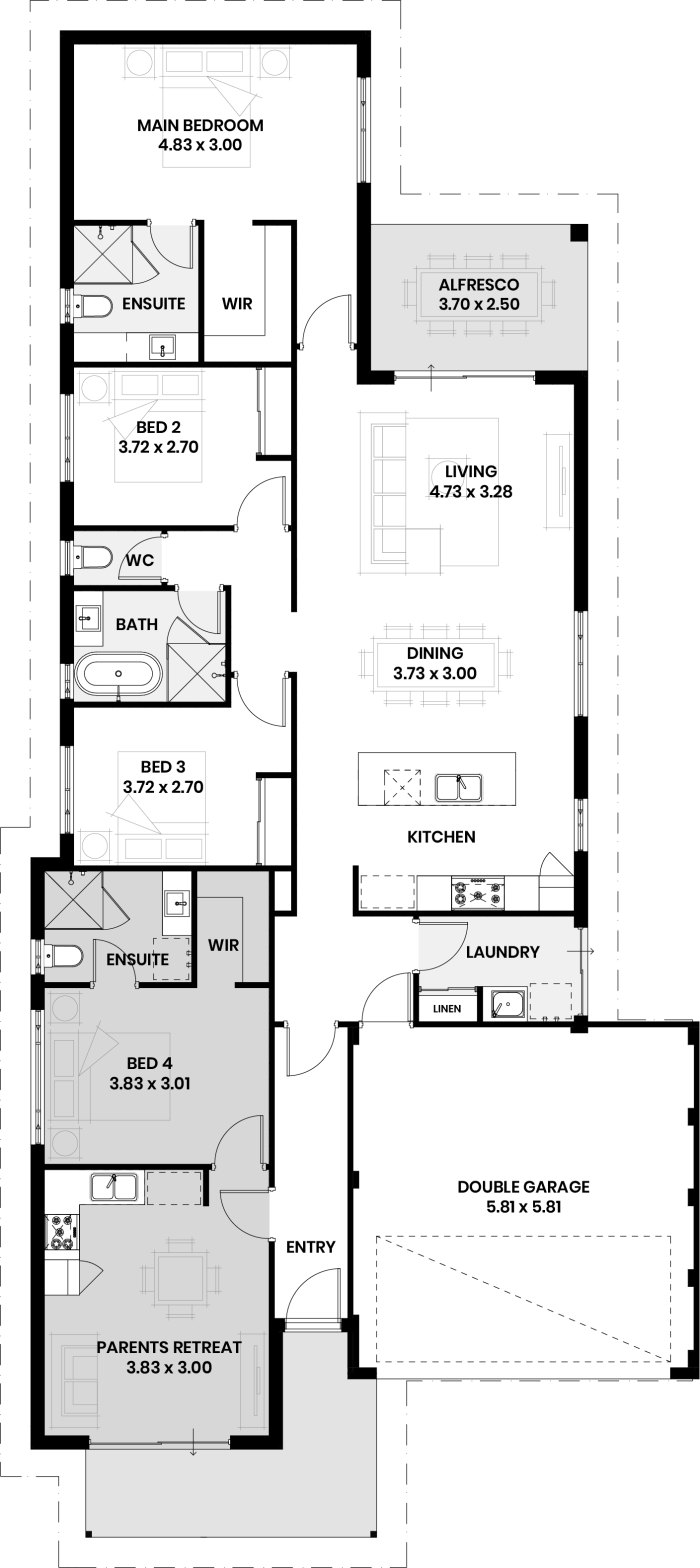 Floor plan of The Aspen: four bedrooms, three bathrooms, a front suite with retreat and kitchenette, and double garage