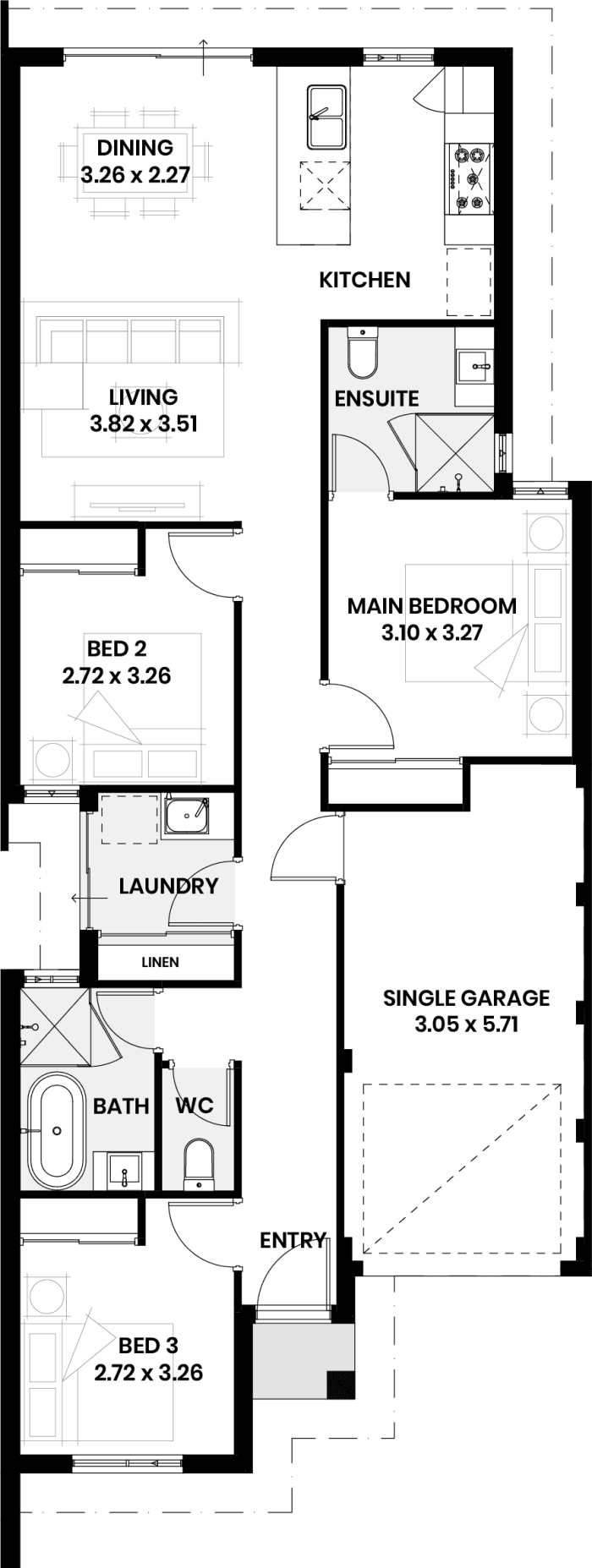 Floor plan of The Ayla: three bedrooms, two bathrooms, open living and dining at the back, and a single garage
