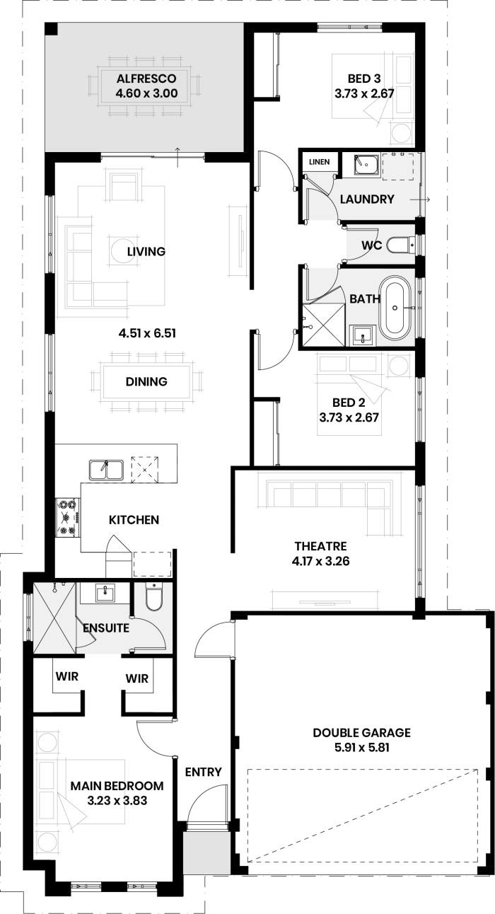 Floor plan of The Basswood: three bedrooms, two bathrooms, theatre and double garage