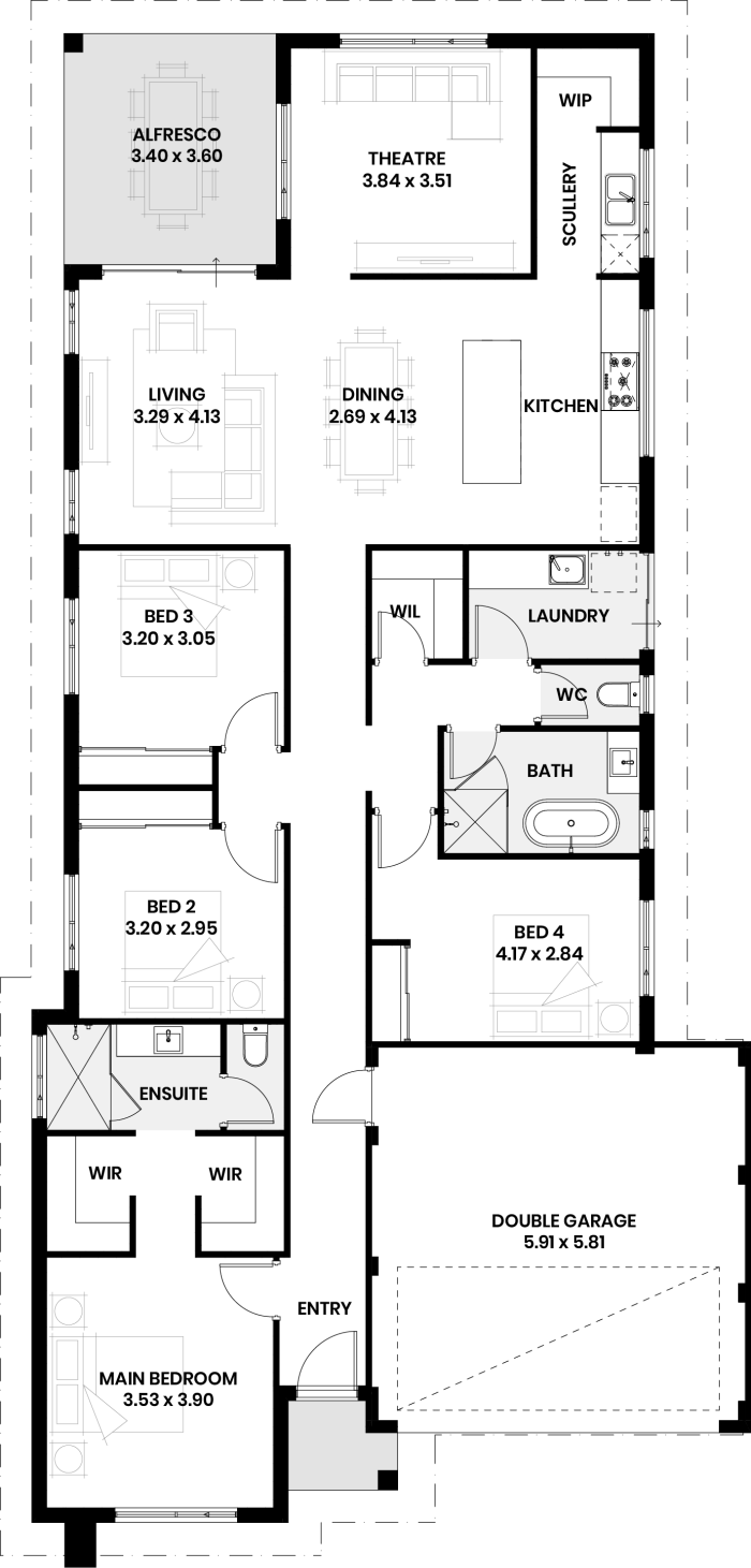 Floor plan of The Beech: four bedrooms, two bathrooms, theatre, scullery and double garage