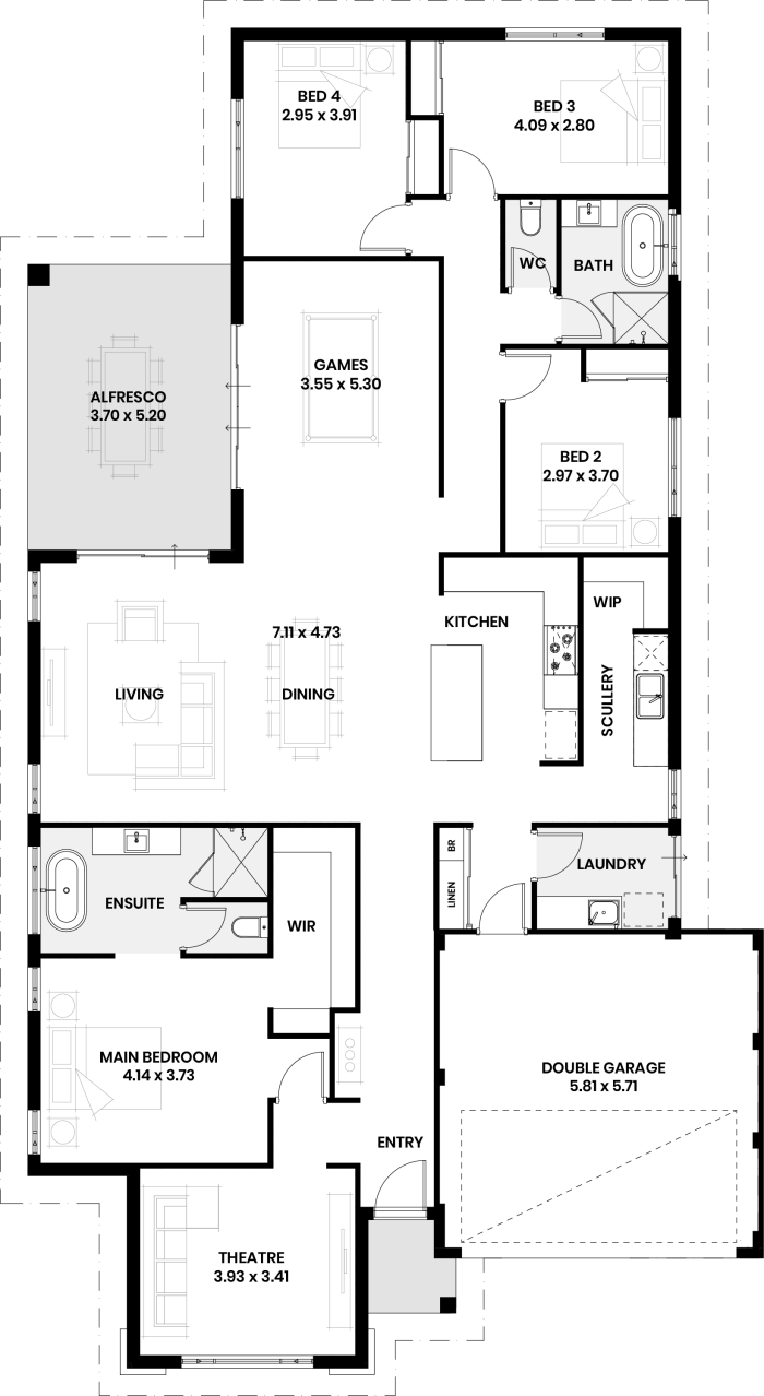 Floor plan of The Cherry: four bedrooms, two bathrooms, theatre, games room, scullery and double garage