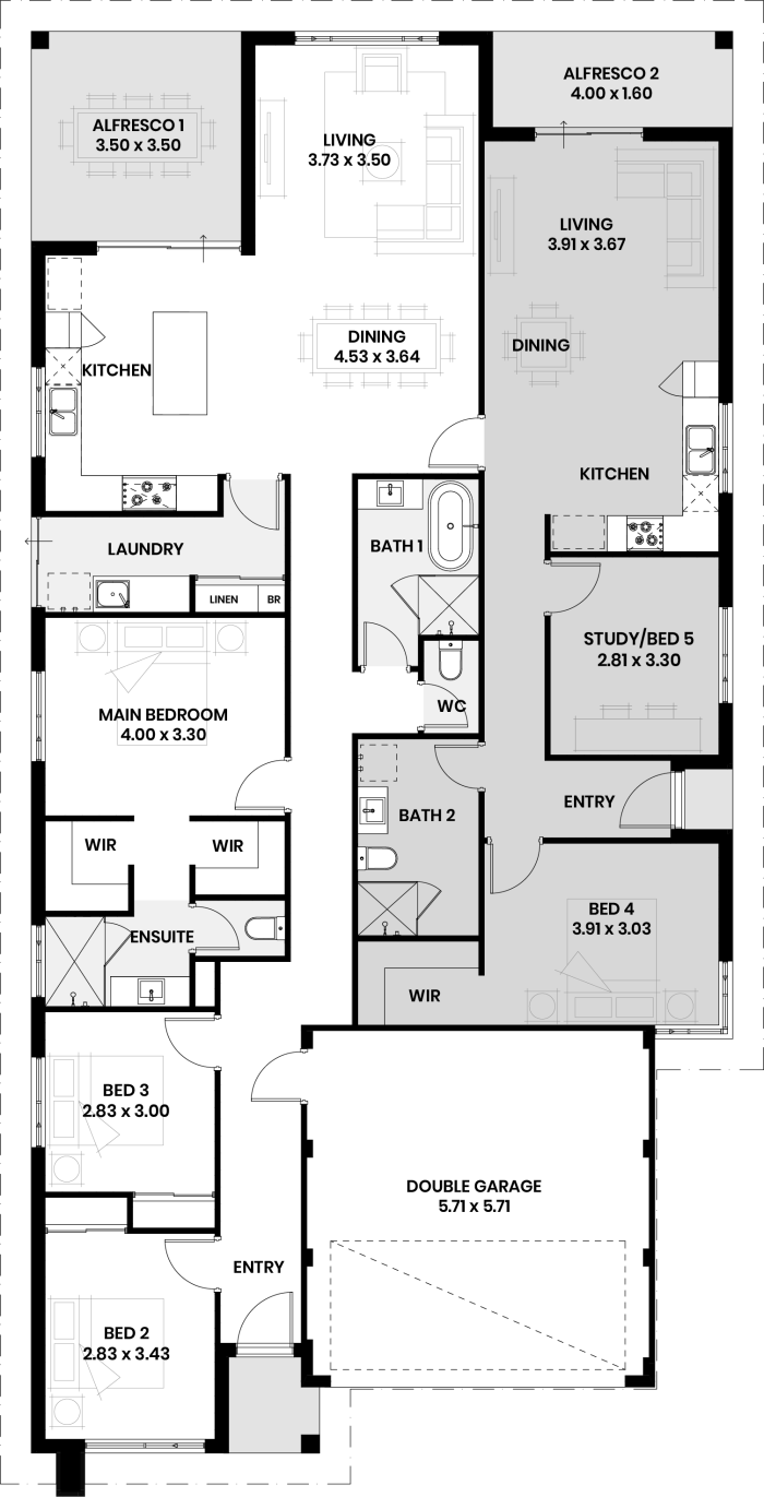 Floor plan of The Chestnut: a main home plus a self-contained wing with its own entry, kitchen and living, and double garage