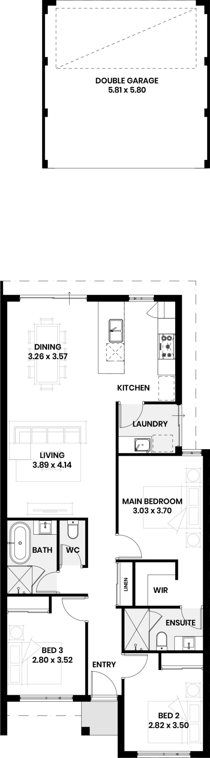 Floor plan of The Cullen: three bedrooms, two bathrooms, open living and dining at the back, and a double garage at the rear