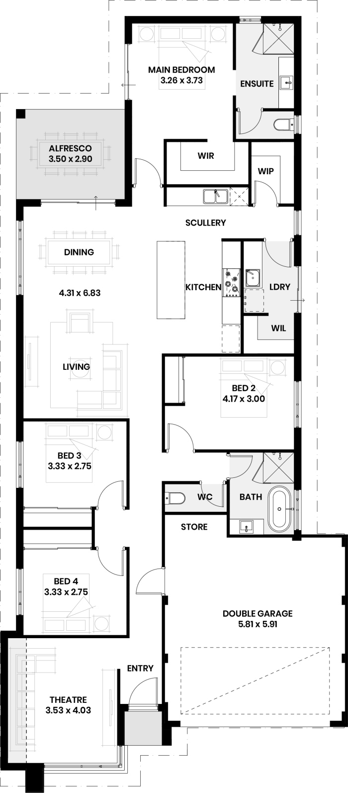 Floor plan of The Cypress: four bedrooms, two bathrooms, theatre, scullery and double garage