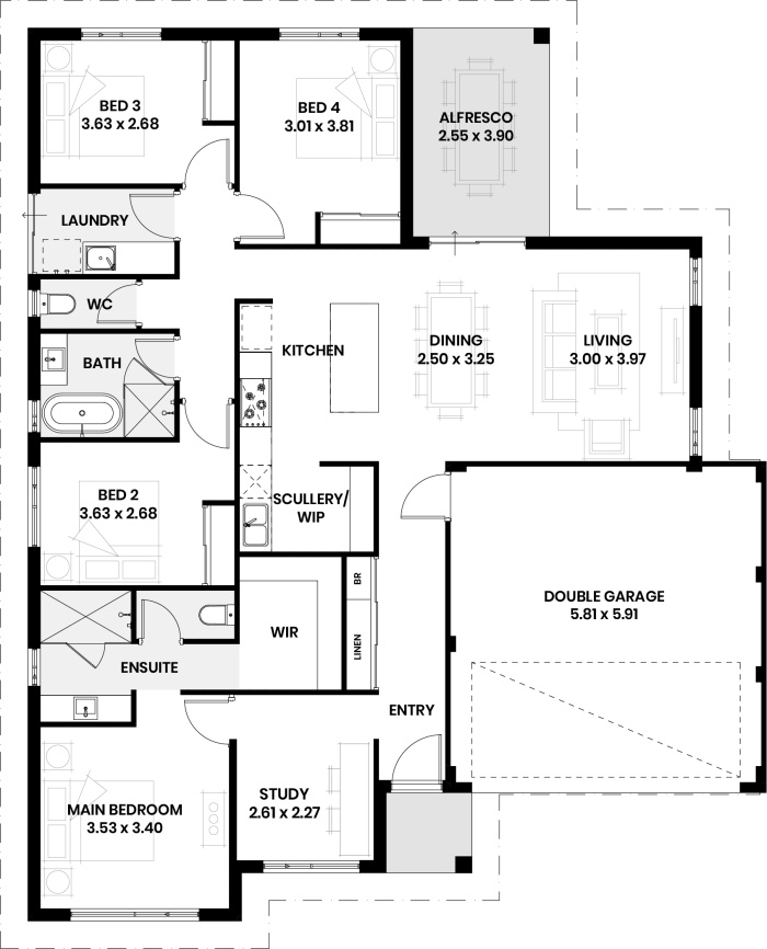 Floor plan of The Ellery: four bedrooms, two bathrooms, study, scullery and double garage