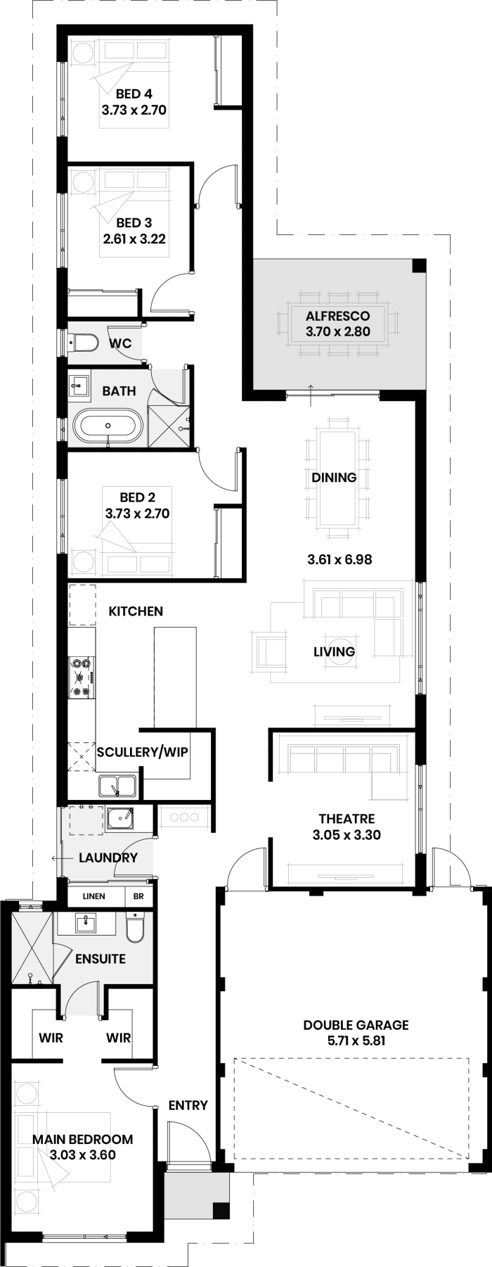 Floor plan of The Elm: four bedrooms, two bathrooms, theatre, scullery and double garage
