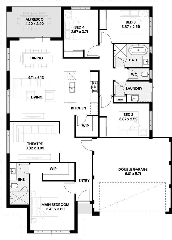Floor plan of The Hazel: four bedrooms, two bathrooms, theatre and double garage