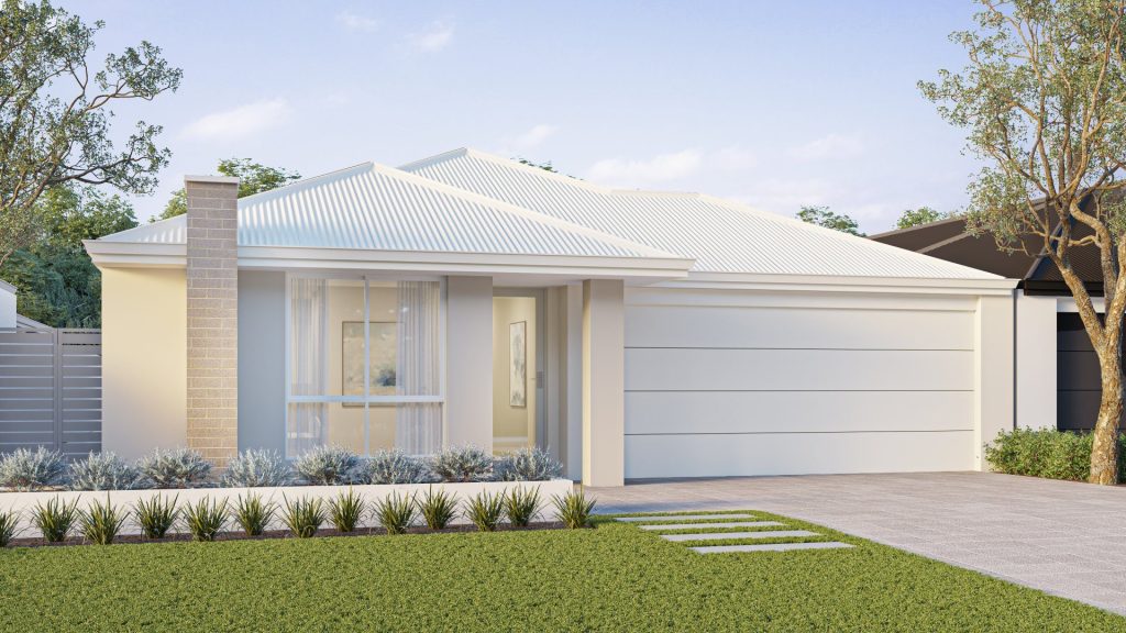 Artist's impression of The Hemlock, a single-storey home with a double garage