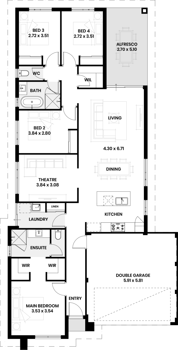 Floor plan of The Hemlock: four bedrooms, two bathrooms, theatre and double garage