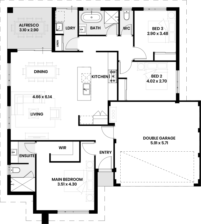 Floor plan of The Hickory: three bedrooms, two bathrooms and double garage