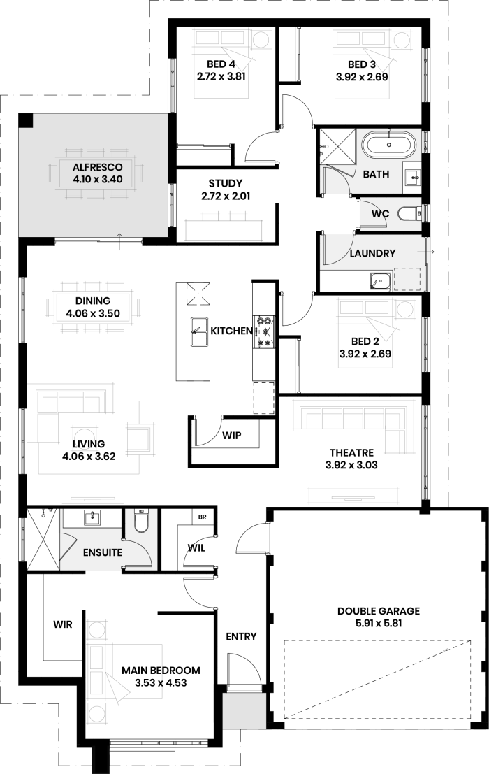 Floor plan of The Ironwood: four bedrooms, two bathrooms, theatre, study and double garage