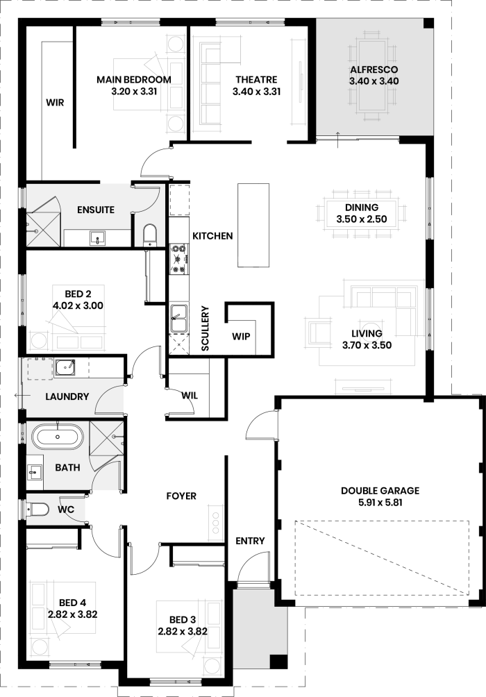 Floor plan of The Jacaranda: four bedrooms, two bathrooms, theatre, scullery and double garage
