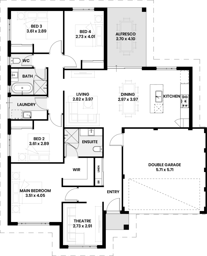 Floor plan of The Larch: four bedrooms, two bathrooms, theatre and double garage