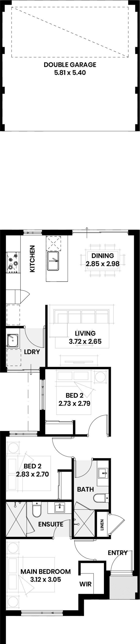 Floor plan of The Laurel: three bedrooms, two bathrooms, open living and dining at the back, and a double garage at the rear