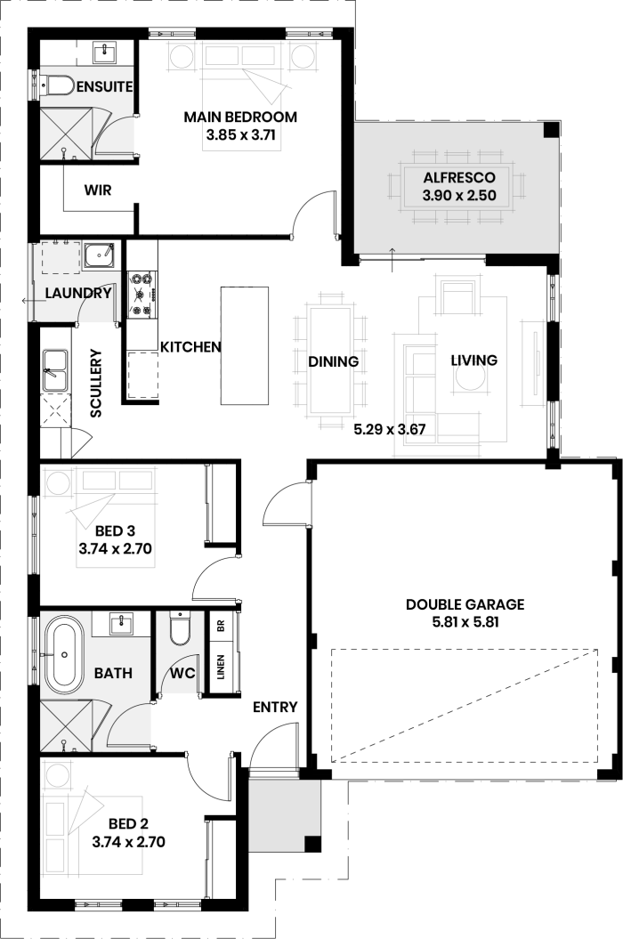 Floor plan of The Lilac: three bedrooms, two bathrooms, scullery and double garage