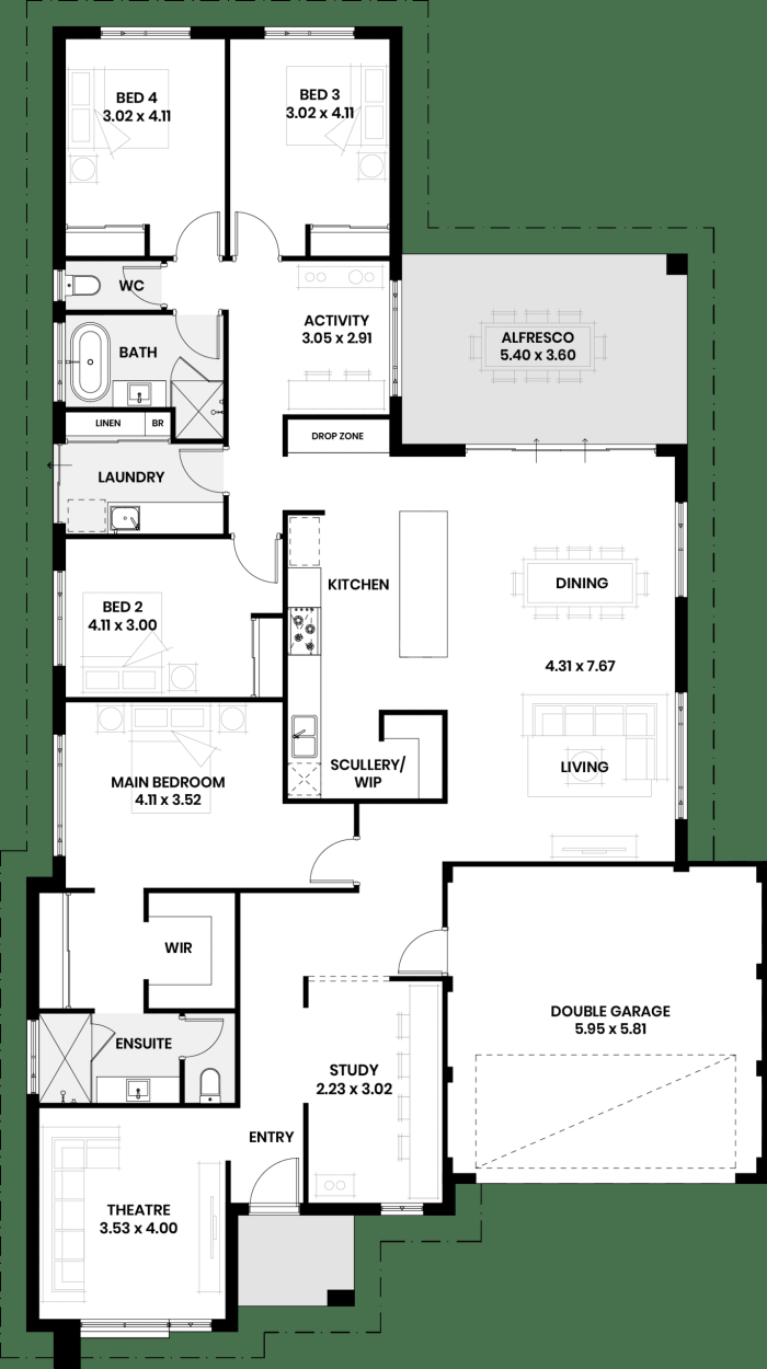 Floor plan of The Magnolia: four bedrooms, two bathrooms, theatre, study, activity room, scullery and double garage
