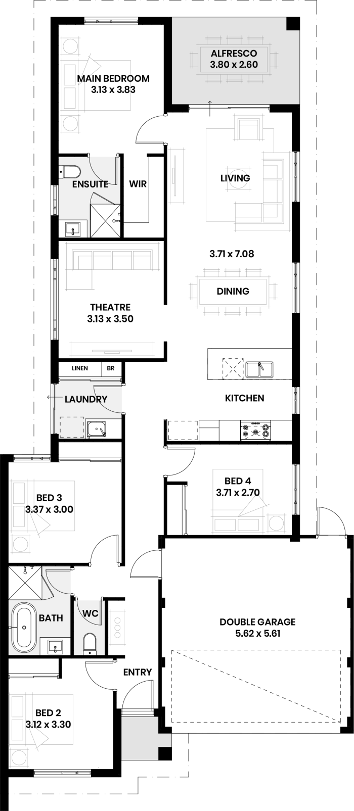 Floor plan of The Mahogany: four bedrooms, two bathrooms, theatre and double garage