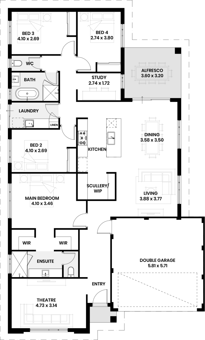 Floor plan of The Maple: four bedrooms, two bathrooms, theatre, study, scullery and double garage
