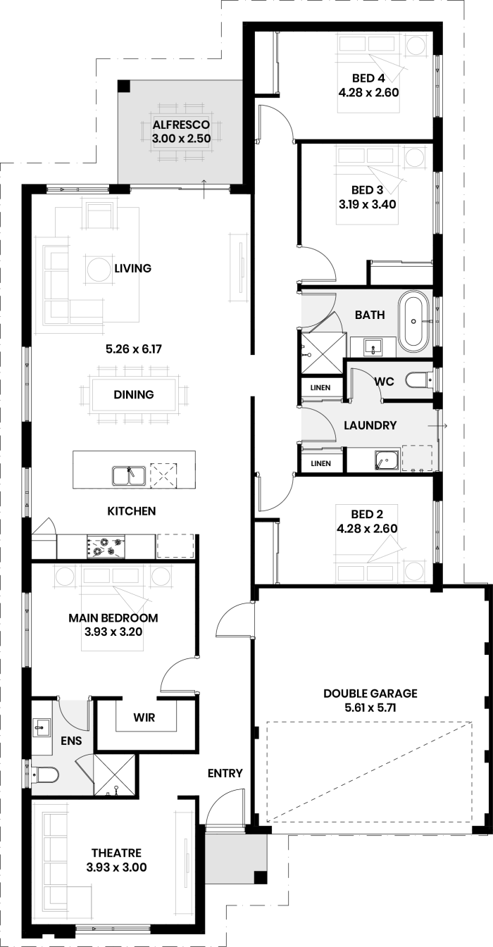 Floor plan of The Rosewood: four bedrooms, two bathrooms, theatre and double garage