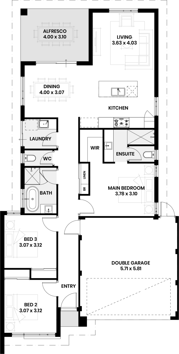 Floor plan of The Rowan: three bedrooms, two bathrooms and double garage