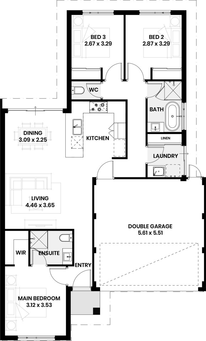 Floor plan of The Sandalwood: three bedrooms, two bathrooms and double garage