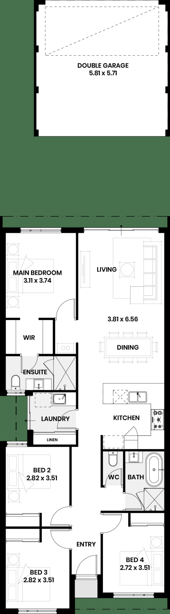 Floor plan of The Sylvie: four bedrooms, two bathrooms, open living and dining, and a double garage at the rear