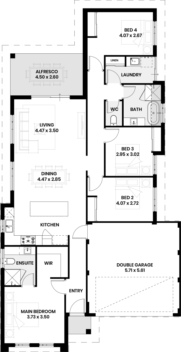 Floor plan of The Teak: four bedrooms, two bathrooms and double garage