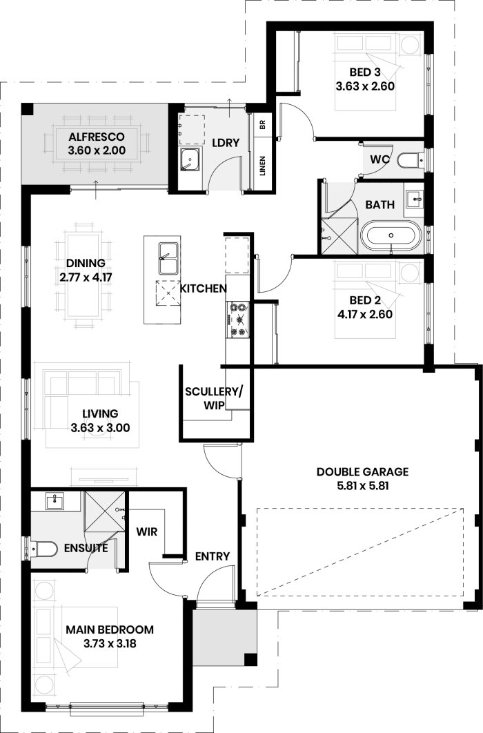 Floor plan of The Tulip: three bedrooms, two bathrooms, scullery and double garage