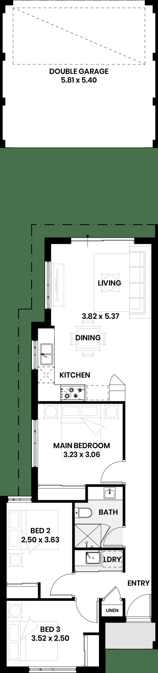 Floor plan of The Tupelo: three bedrooms, one bathroom, open living and dining, and a double garage at the rear