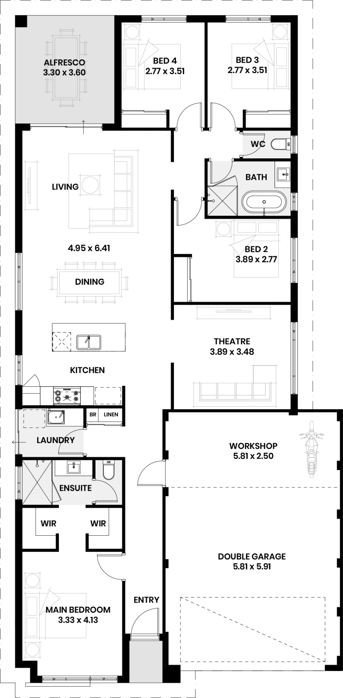 Floor plan of The Vine: four bedrooms, two bathrooms, theatre, workshop and double garage