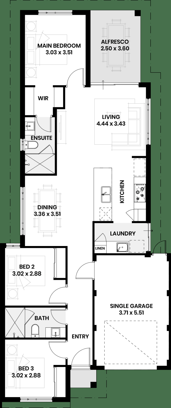 Floor plan of The Wandoo: three bedrooms, two bathrooms, open living and dining, alfresco and single garage