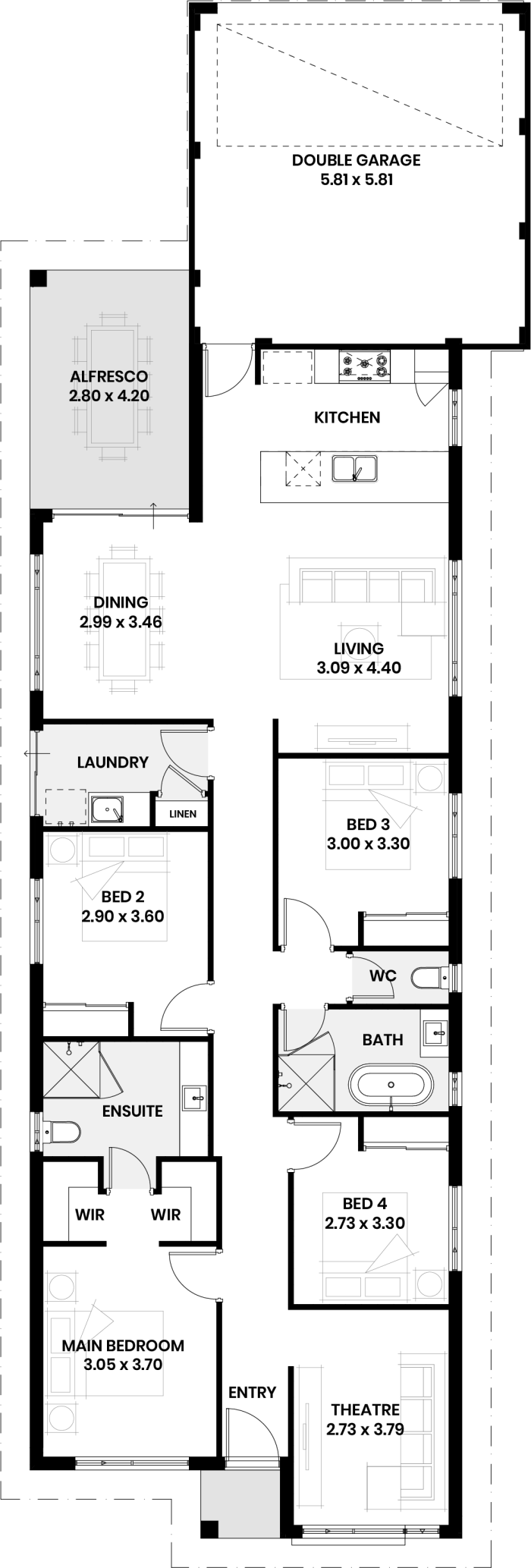 Floor plan of The Willow: four bedrooms, two bathrooms, theatre, open-plan kitchen, living and dining, alfresco and double garage